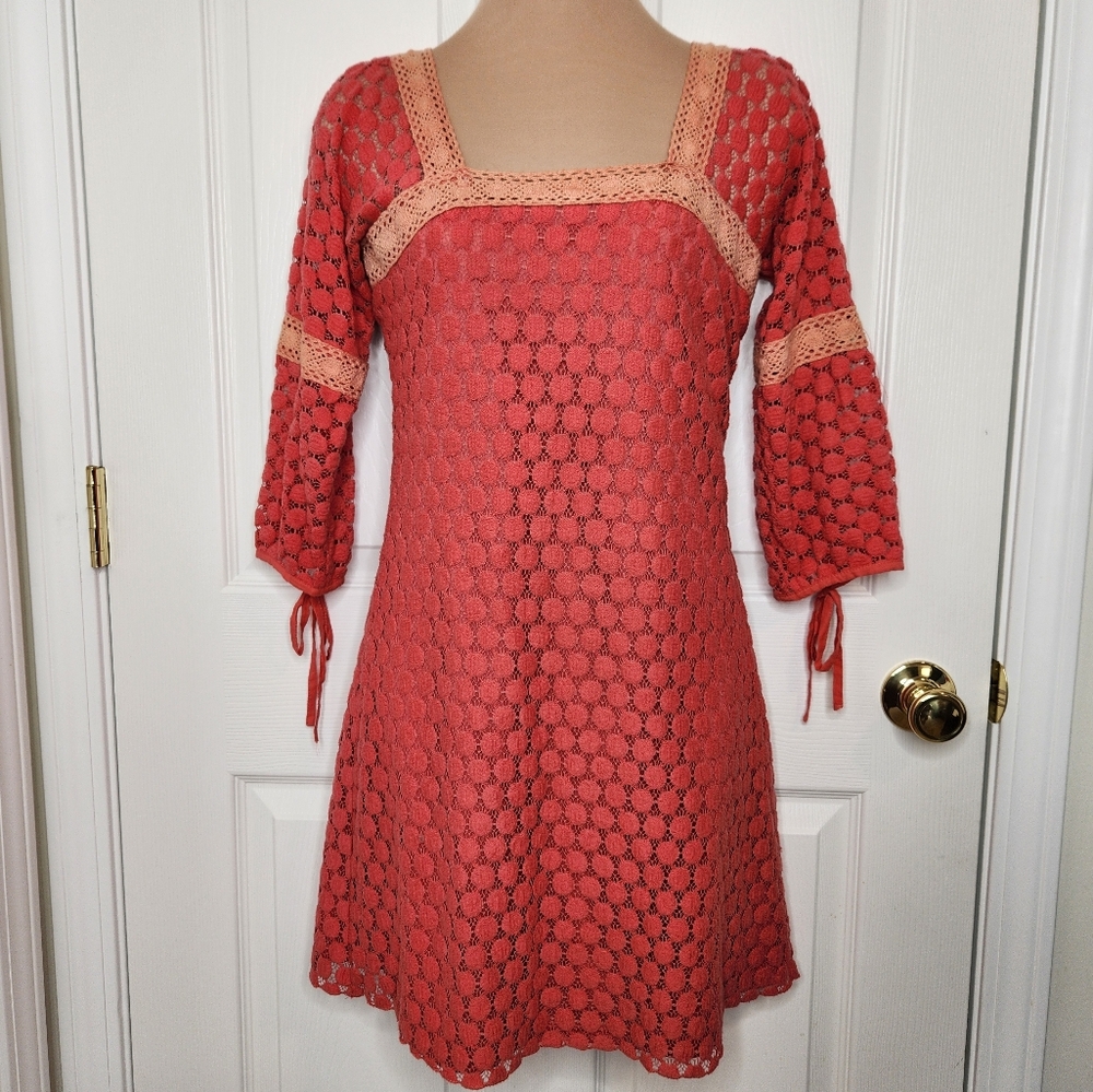 Solitaire Dress Mini Crochet Lace Retro Boho Chic Orange Pink Peach Size Small